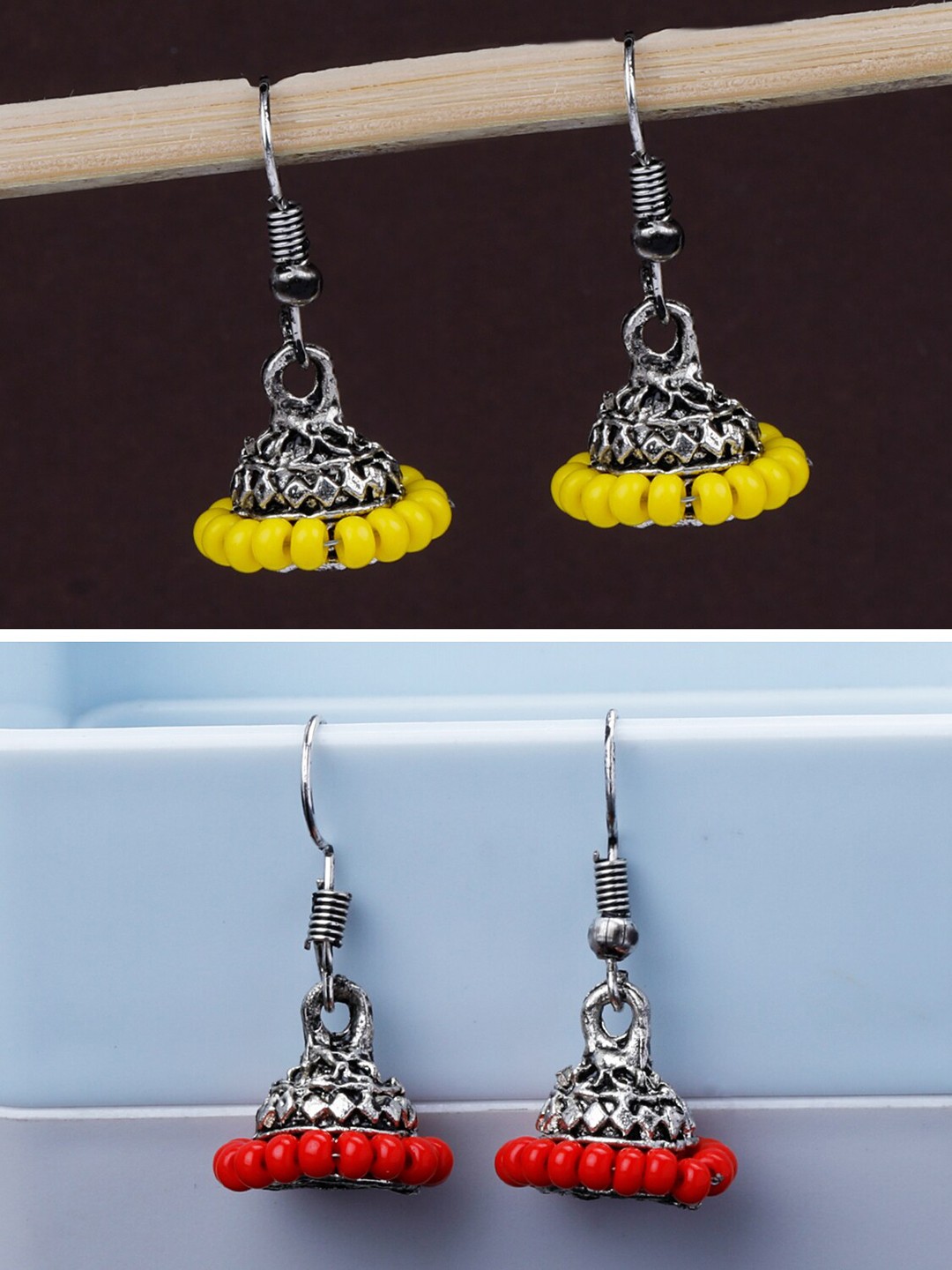 

Silver Shine Pack Of 2 Silver-Plated Classic Traditional Jhumkas, Yellow