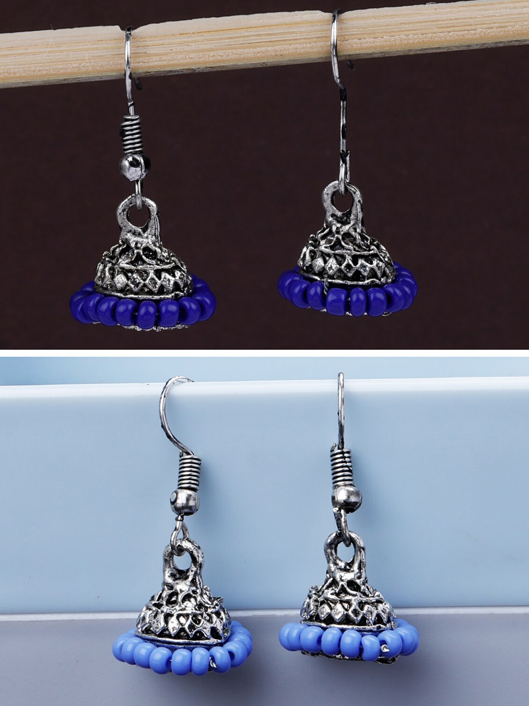 

Silver Shine Set Of 2 Silver Plated Dome Shaped Oxidised Jhumkas