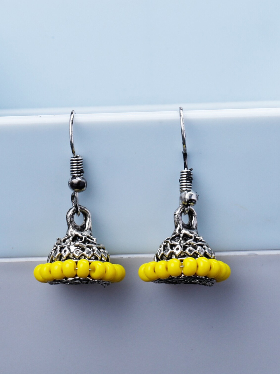 

Silver Shine Silver-Plated Classic Traditional Jhumkas, Yellow