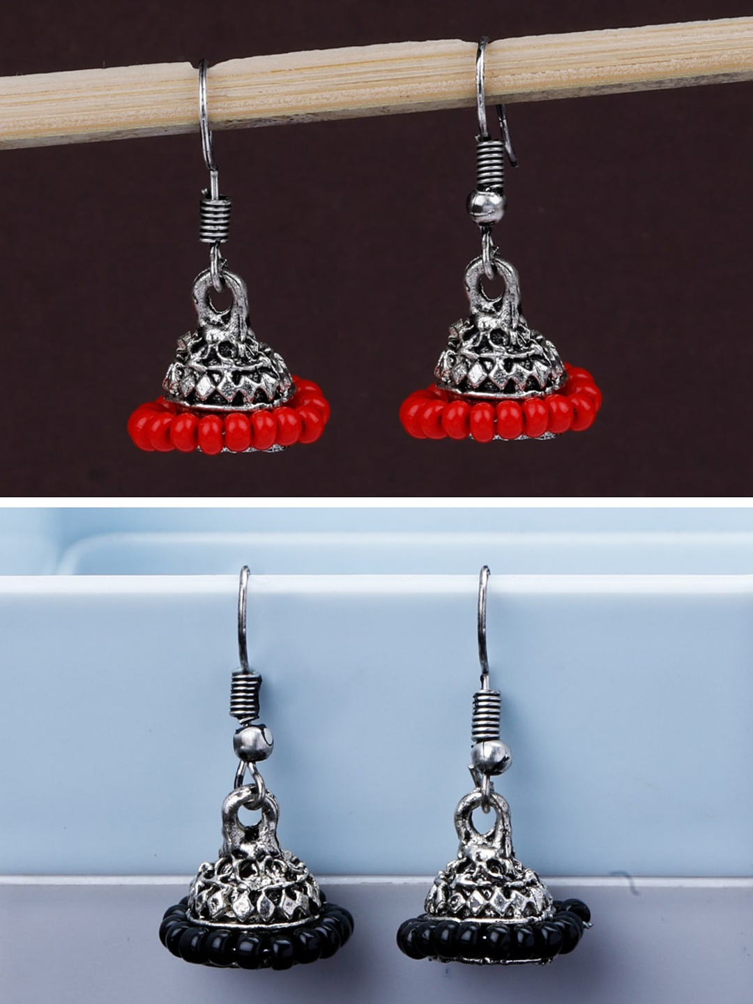 

Silver Shine Pack Of 2 Silver-Plated Classic Traditional Jhumkas, Black