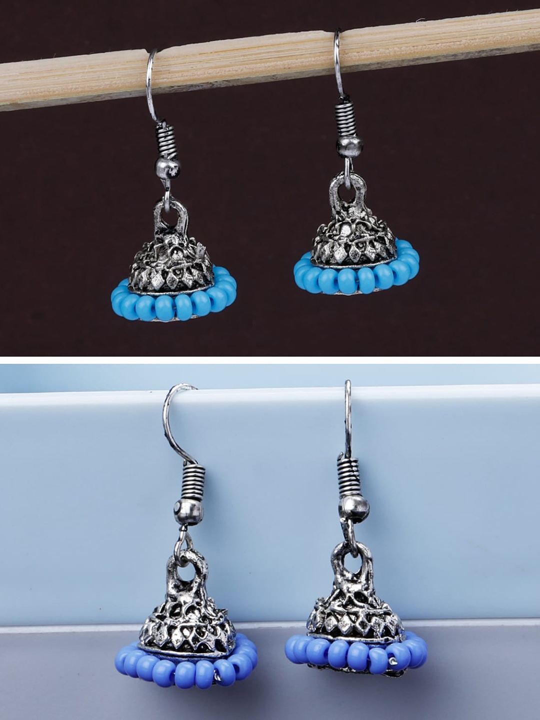 

Silver Shine Pack Of 2 Silver-Plated Classic Traditional Jhumkas, Blue