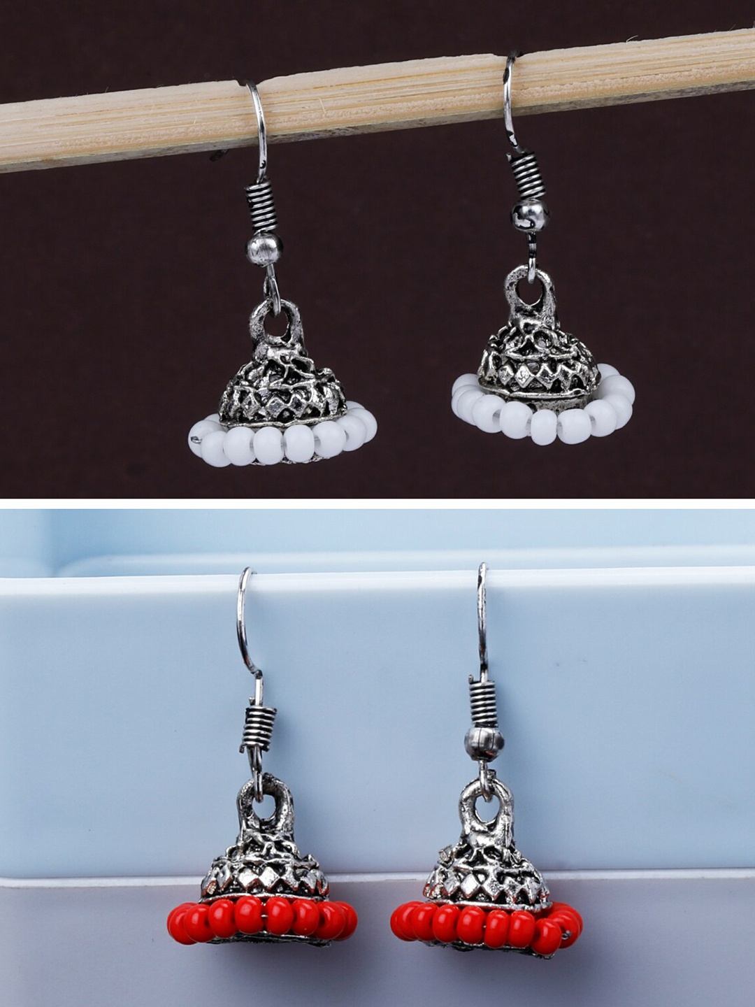 

Silver Shine Pack Of 2 Silver-Plated Classic Traditional Jhumkas, White