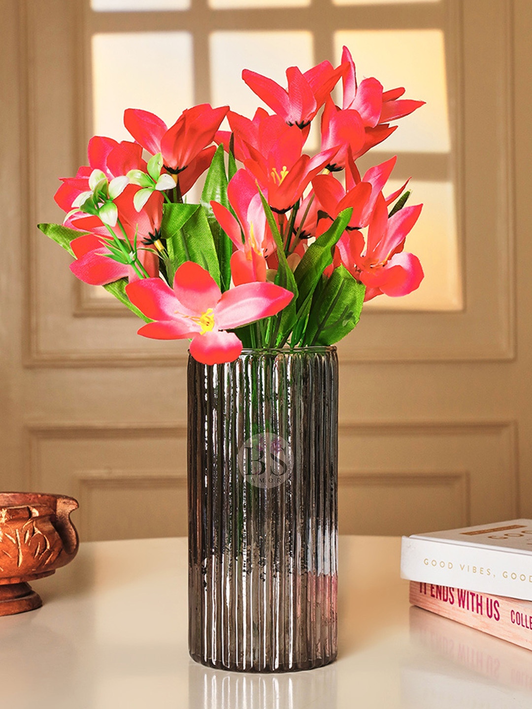 

BS AMOR Pink Lily Artificial Flowers With Glass Vase