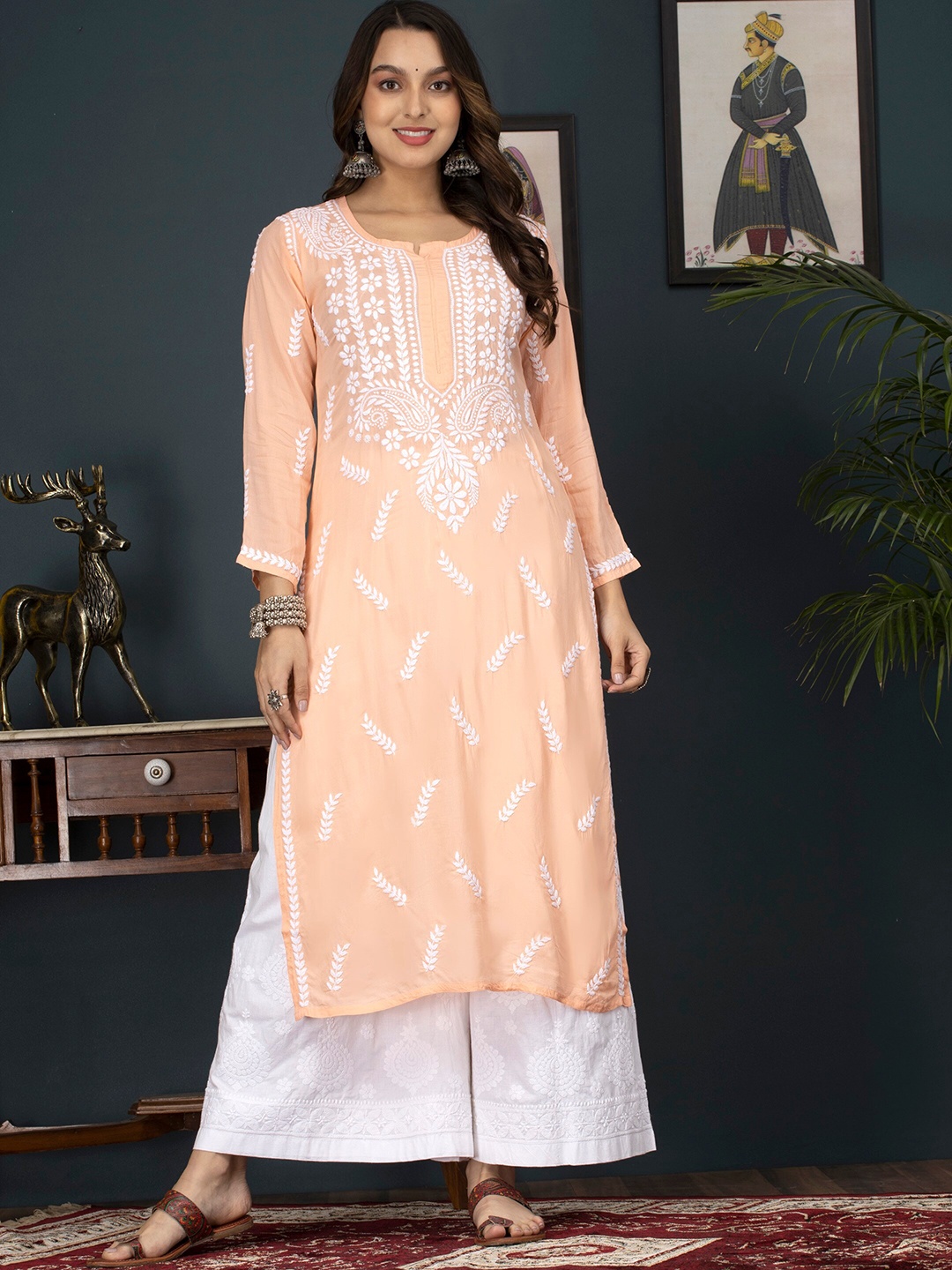 

PARAMOUNT CHIKAN Women Peach Ethnic Motif Embroidered Chikankari Modal Kurta