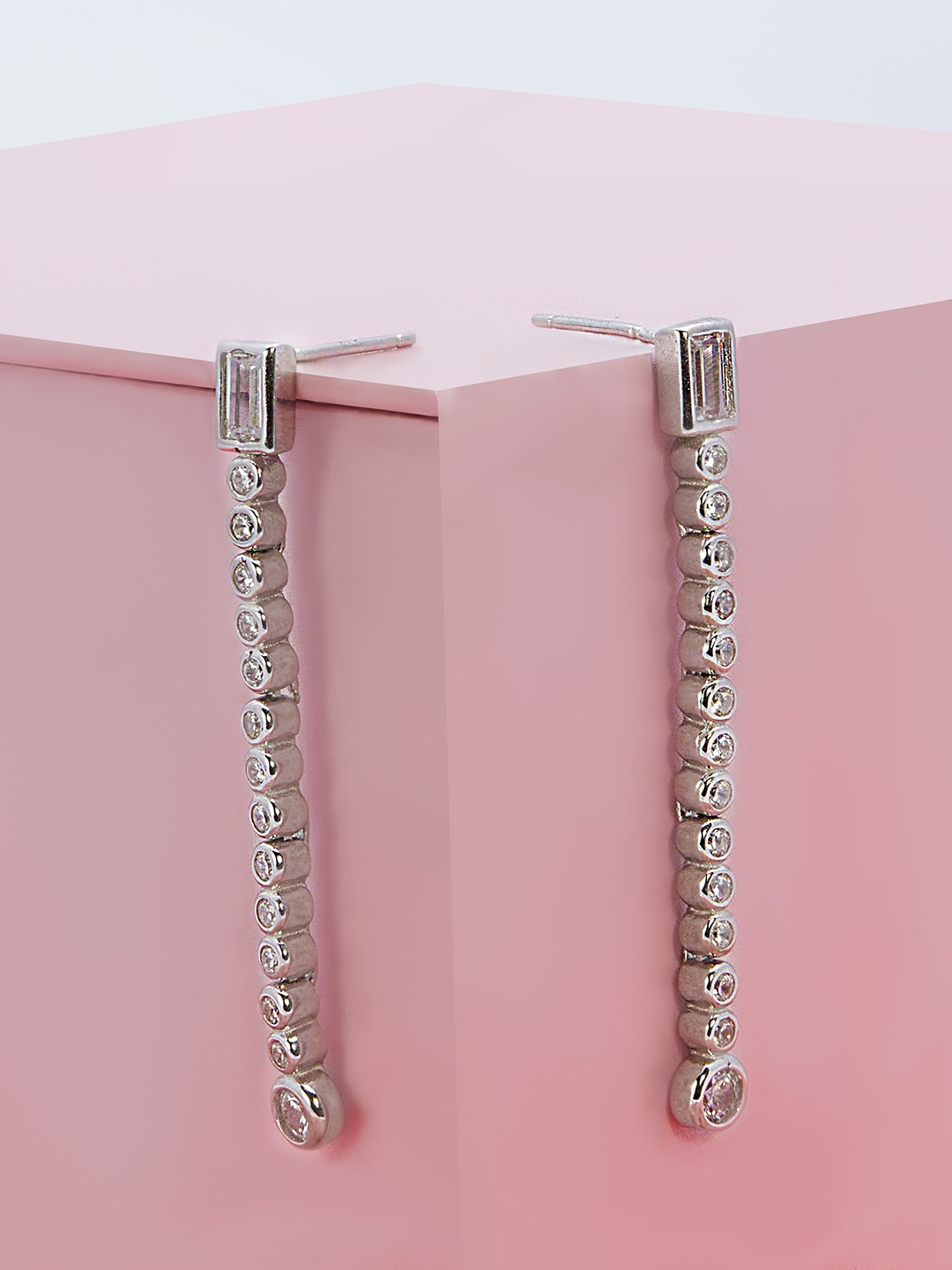 

AKSA Rhodium-Plated Linear Baguette Silver Dangle Earrings
