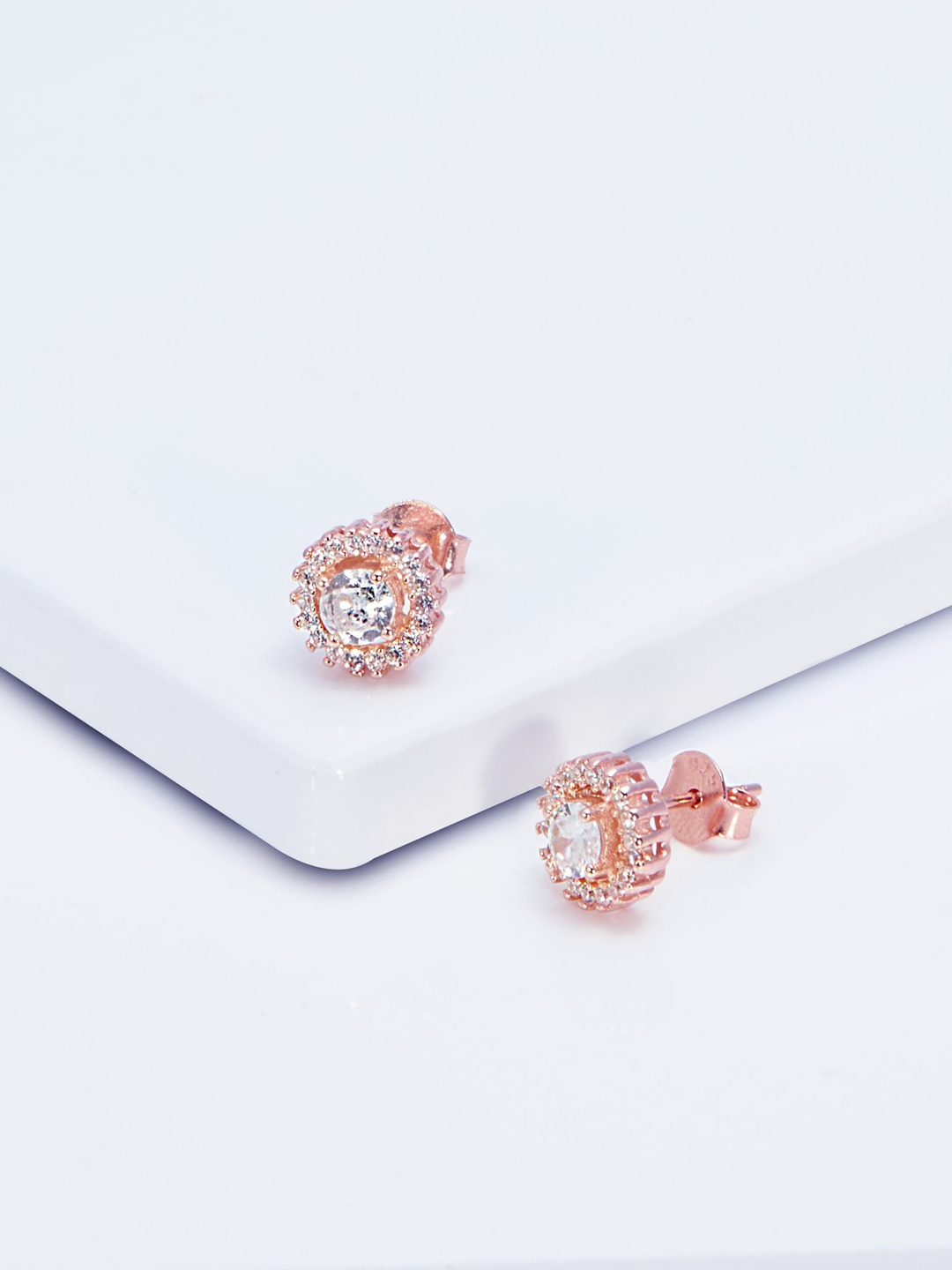 

AKSA Rose-Gold Plated Floral Zircon Studs Earrings, Silver