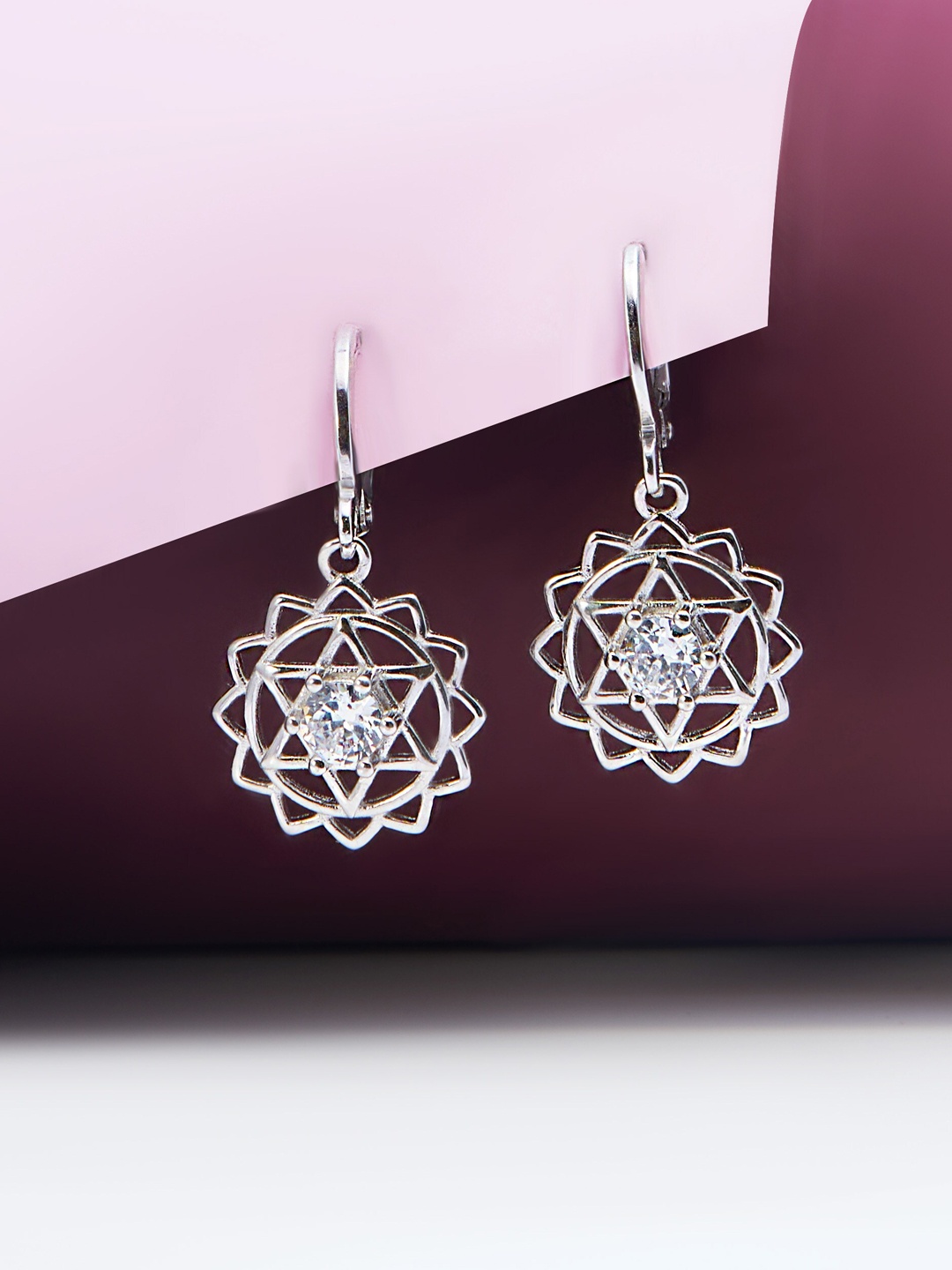 

AKSA Silver-Plated Floral Zircon Studded Hoop Earrings