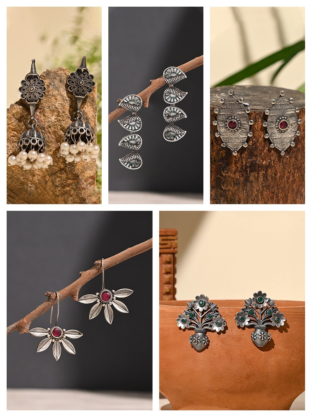 

XPNSV Set Of 5 Silver-Plated Oxidized Contemporary Studs Earrings