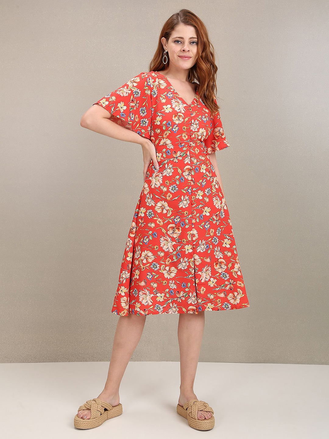 

U.S. Polo Assn. Women Floral Printed Flared Sleeve A-Line Dress, Orange