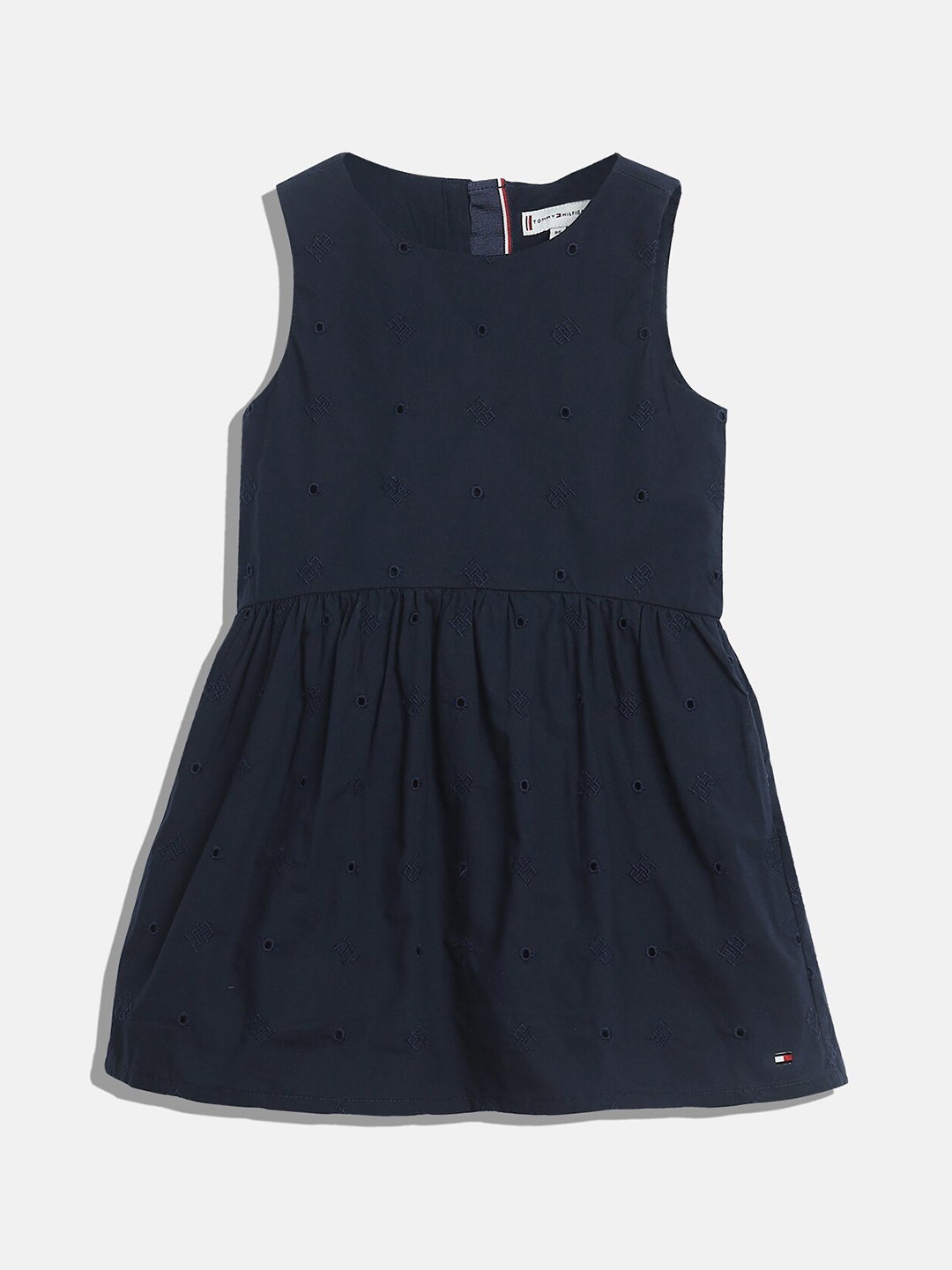 

Tommy Hilfiger Girls Self Design Round Neck Schiffli Fit & Flare Dress, Navy blue