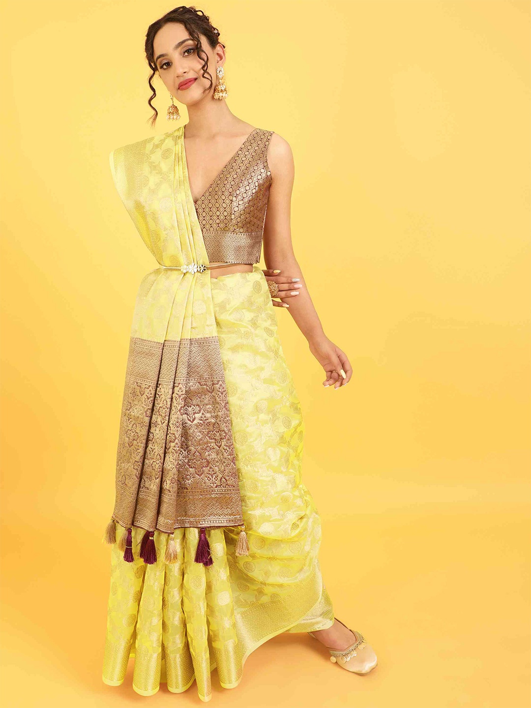 

elora Geometric Woven Design Zari Organza Silk Banarasi Saree, Yellow