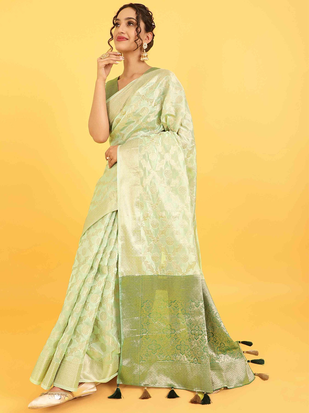 

elora Ethnic Motifs Woven Design Zari Organza Banarasi Saree, Turquoise blue