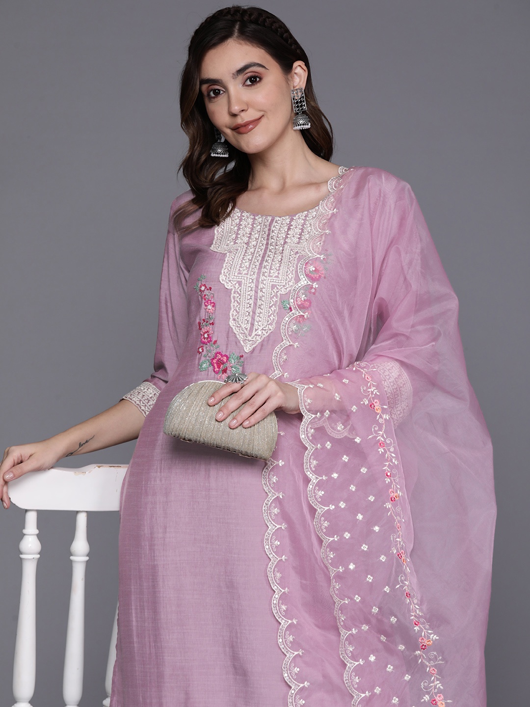 

Indo Era Floral Embroidered Regular Thread Work Kurta With Trousers & Dupatta, Lavender