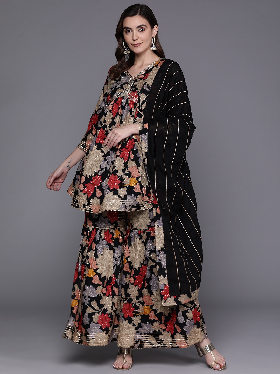 

Indo Era Women Floral Embroidered Sequinned Pure Cotton Kurta with Sharara & With Dupatta, Multi