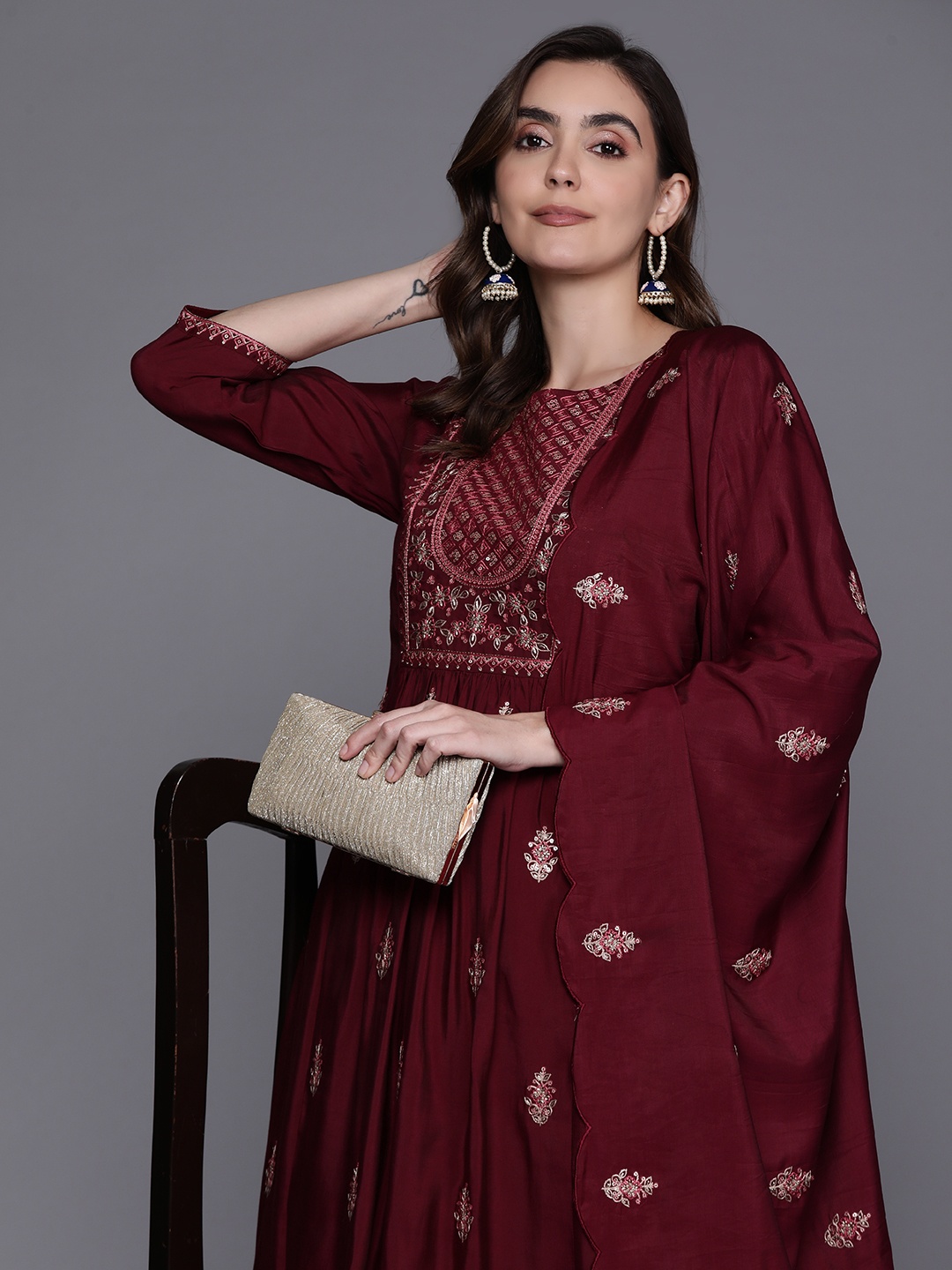 

Indo Era Women Ethnic Motifs Embroidered Sequinned Kurta with Trousers & With Dupatta, Burgundy