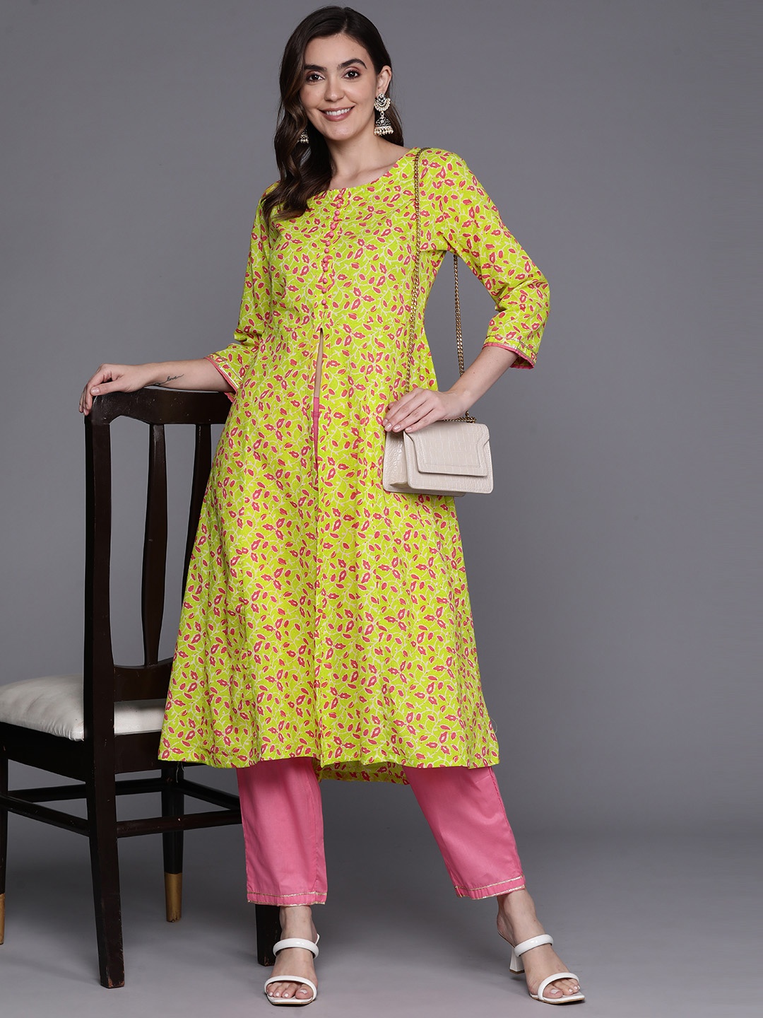 

Indo Era Floral Printed Empire Gotta Patti Pure Cotton Kurta With Trousers, Yellow