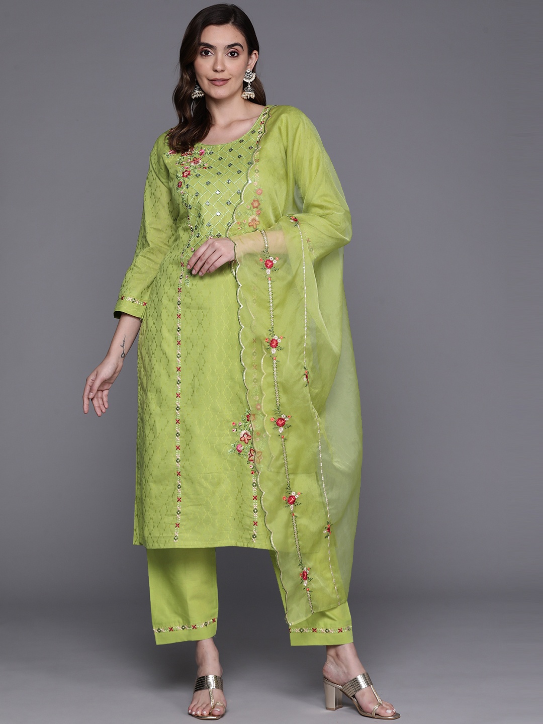 

Indo Era Floral Embroidered Panelled Mirror Work Pure Cotton Kurta With Trousers & Dupatta, Green