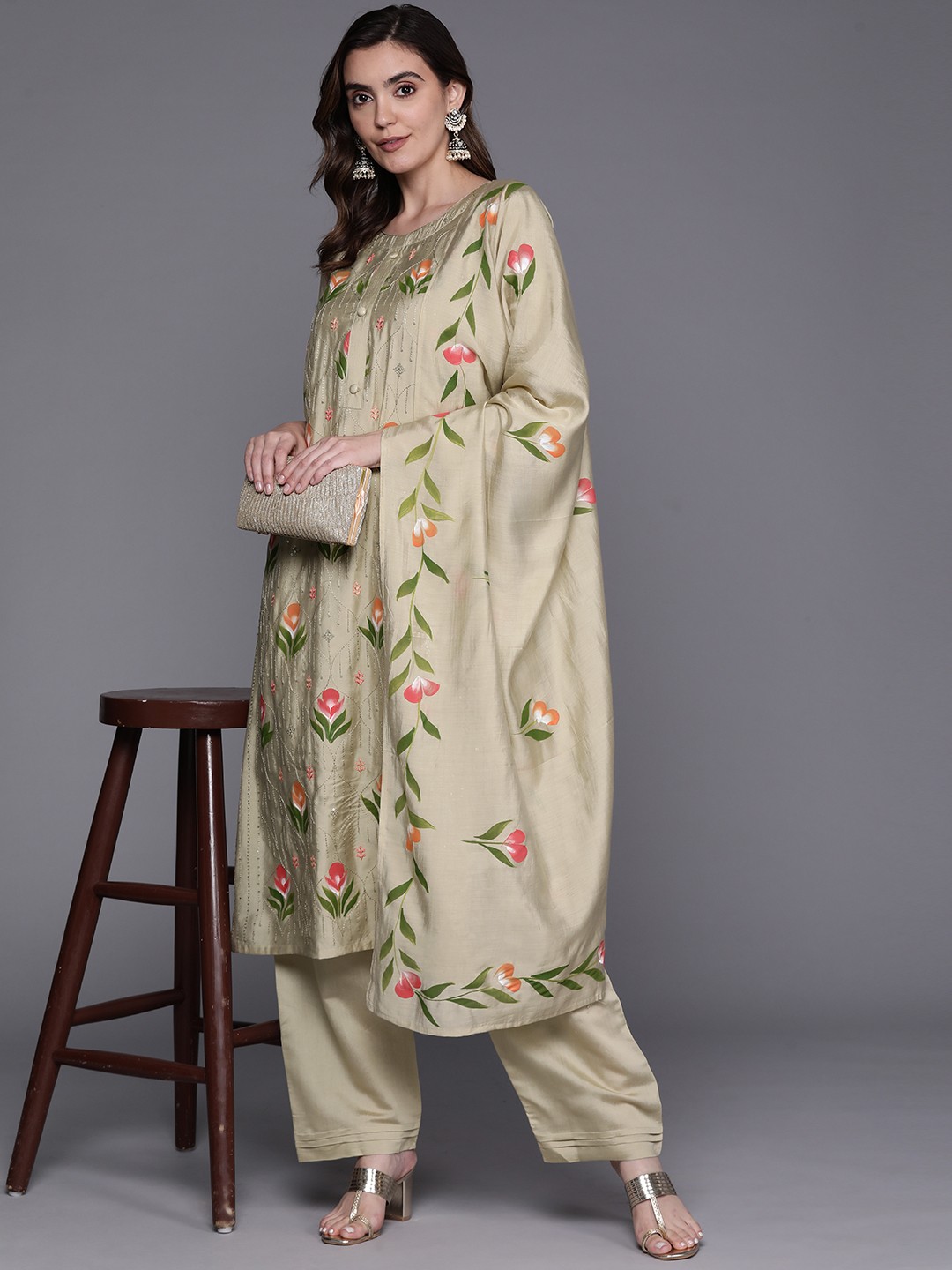 

Indo Era Women Floral Embroidered Sequinned Kurta with Trousers & With Dupatta, Beige