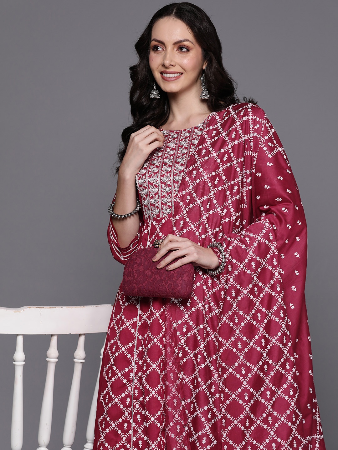 

Indo Era Floral Embroidered Gotta Patti Kurta with Trousers & Dupatta, Red