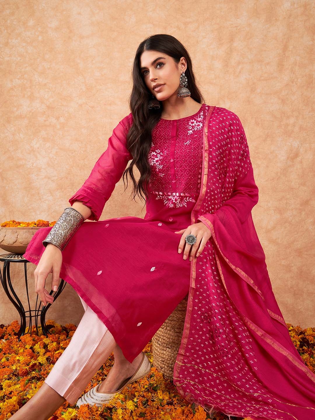 

Indo Era Women Floral Embroidered Chanderi Silk Kurta with Trousers & With Dupatta, Pink