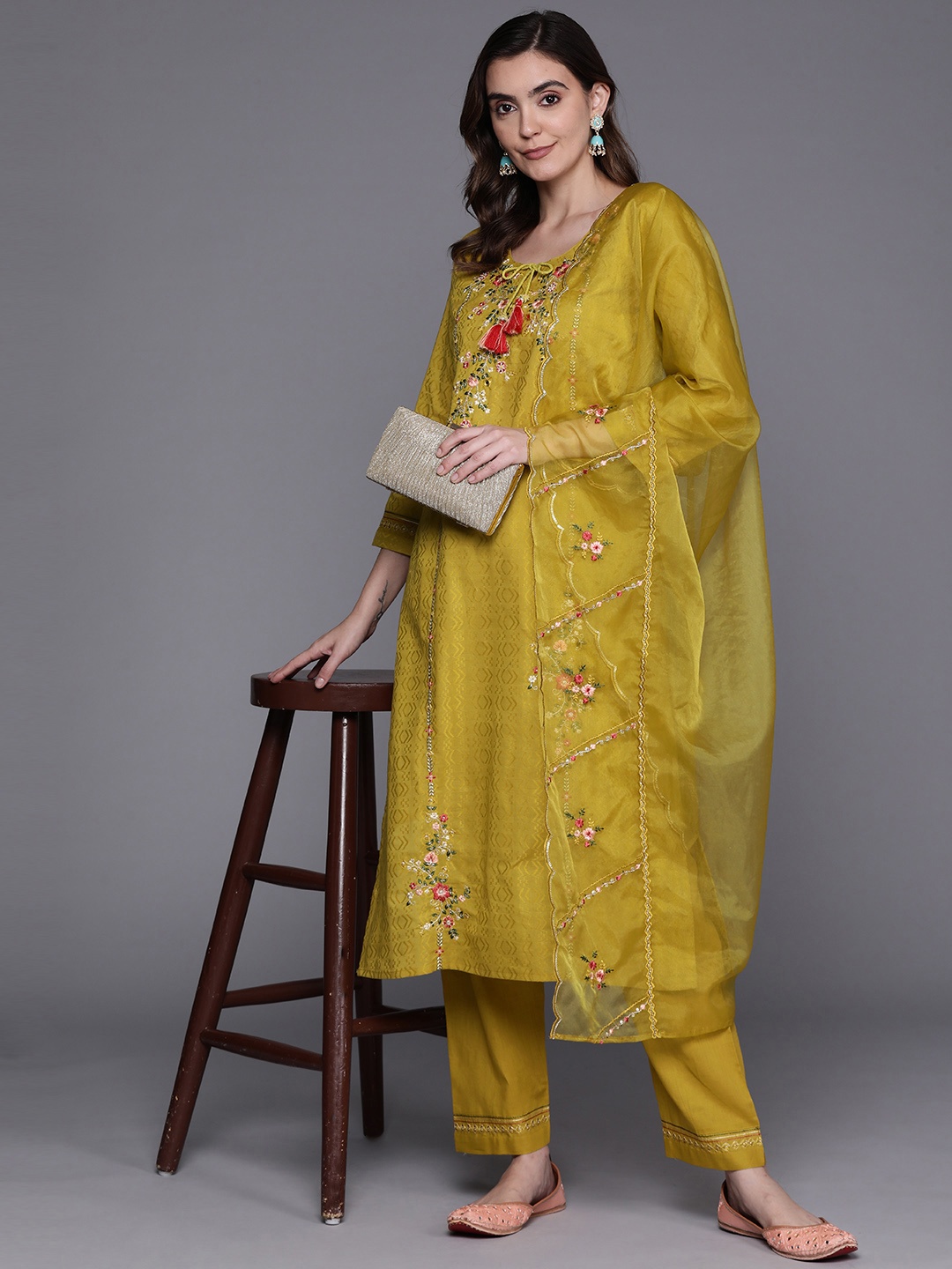 

Indo Era Floral Embroidered Panelled Thread Work Pure Cotton Kurta With Trousers & Dupatta, Yellow