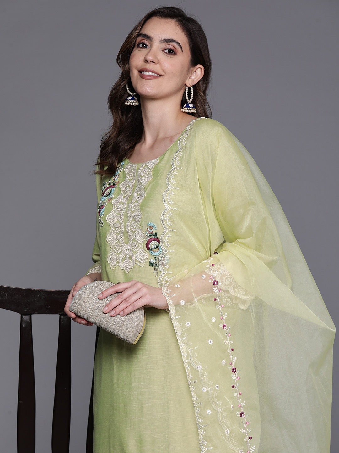 

Indo Era Ethnic Motifs Embroidered Regular Thread Work Kurta With Trousers & Dupatta, Olive