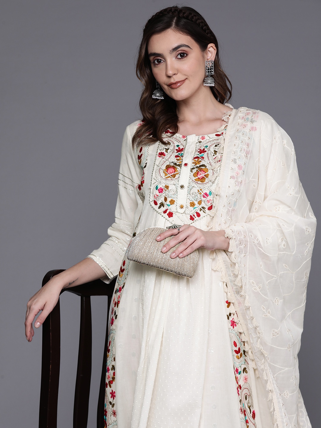 

Indo Era Floral Embroidered A-Line Maxi Ethnic Dress With Dupatta, Off white