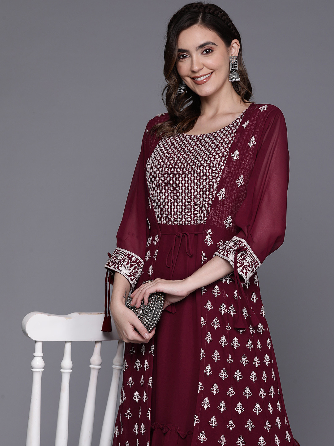 

Indo Era Ethnic Motifs Embroidered Georgette A-Line Maxi Ethnic Dress, Maroon