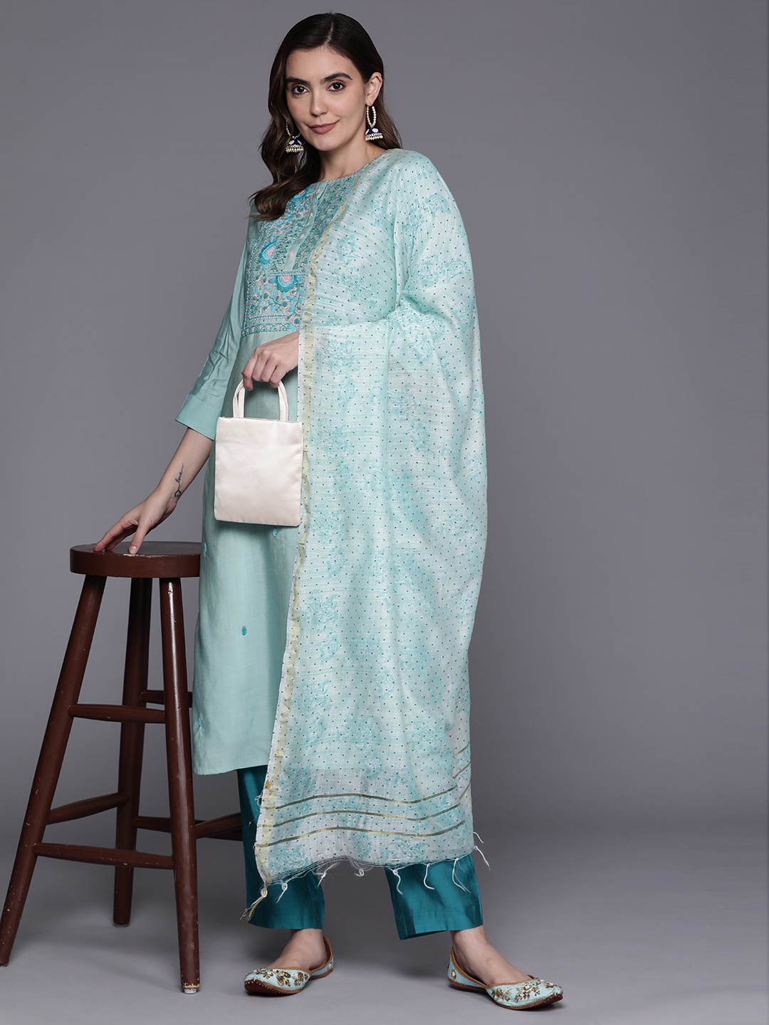 

Indo Era Floral Embroidered Thread Work Chanderi Silk Kurta With Trousers & Dupatta, Sea green