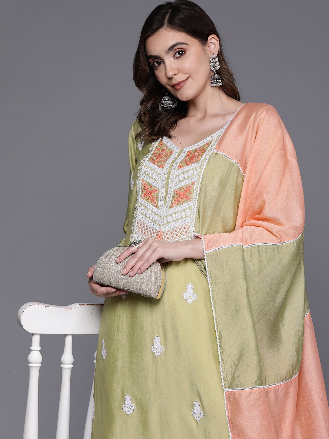 

Indo Era Women Ethnic Motifs Embroidered Pure Cotton Kurta with Trousers & With, Green