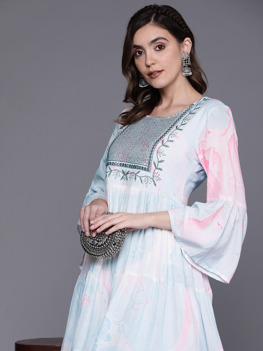 

Indo Era Tie & Dye Embellished Bell Sleeve A-Line Ethnic Dress, Pink