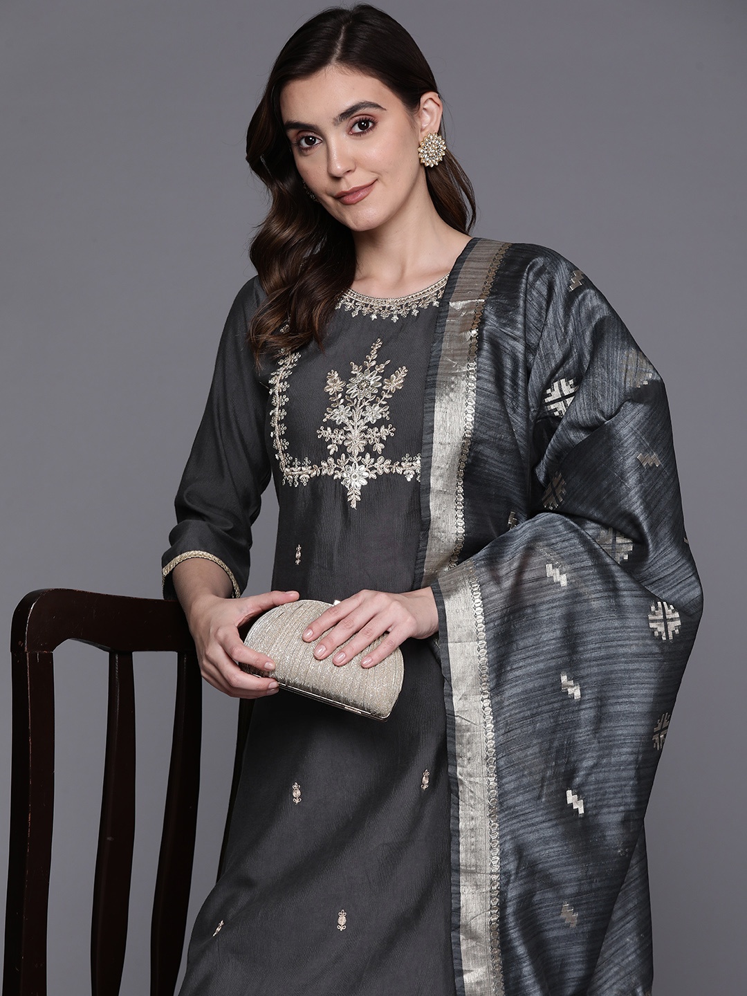 

Indo Era Women Floral Embroidered Sequinned Liva Kurta with Palazzos & With Dupatta, Grey