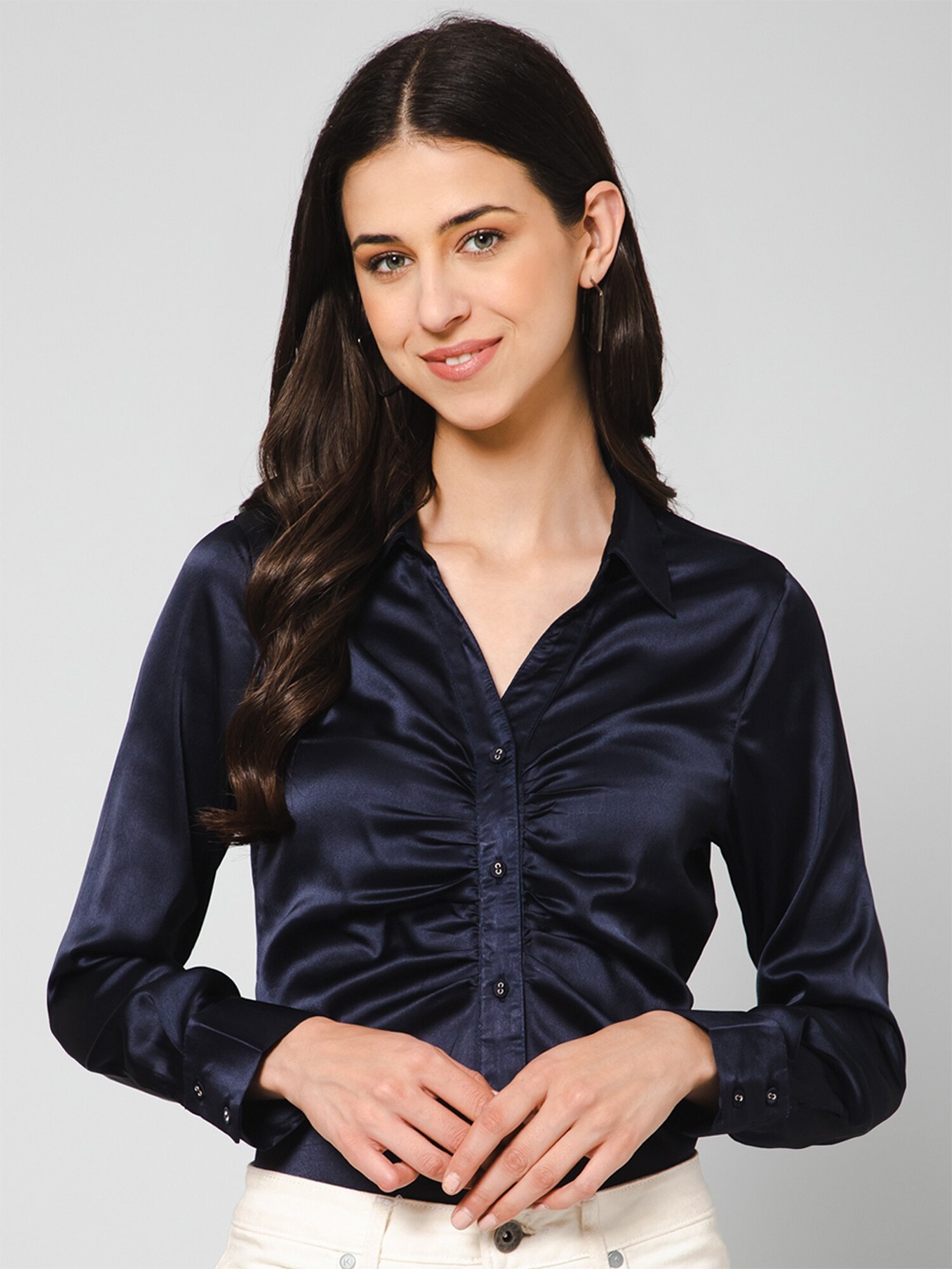 

PURYS Spread Collared Gathers Satin Casual Shirt, Navy blue