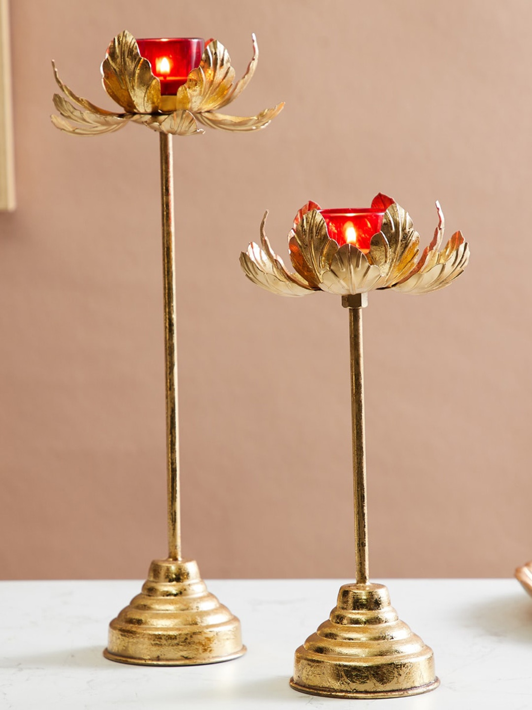 

Home Centre Corsica Kamal Gold-Toned 2 Pieces Embellished Lotus T-Light Candle Holders