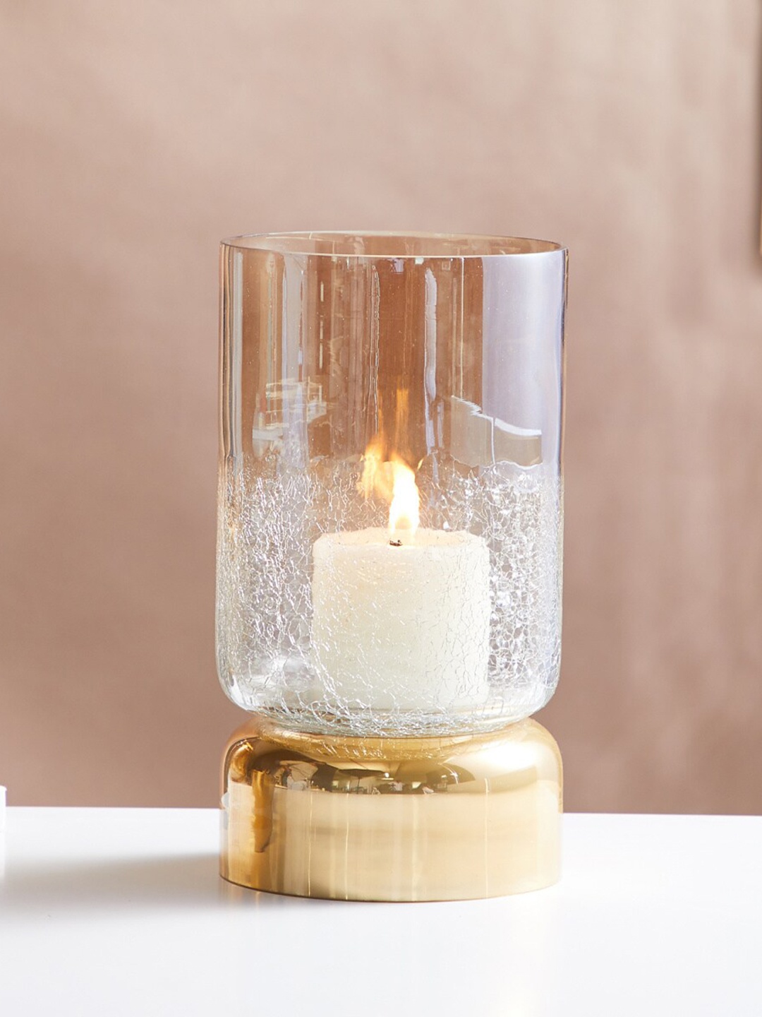

Home Centre Austin Gold-Toned Textured Glass Hurricane Candle Holder