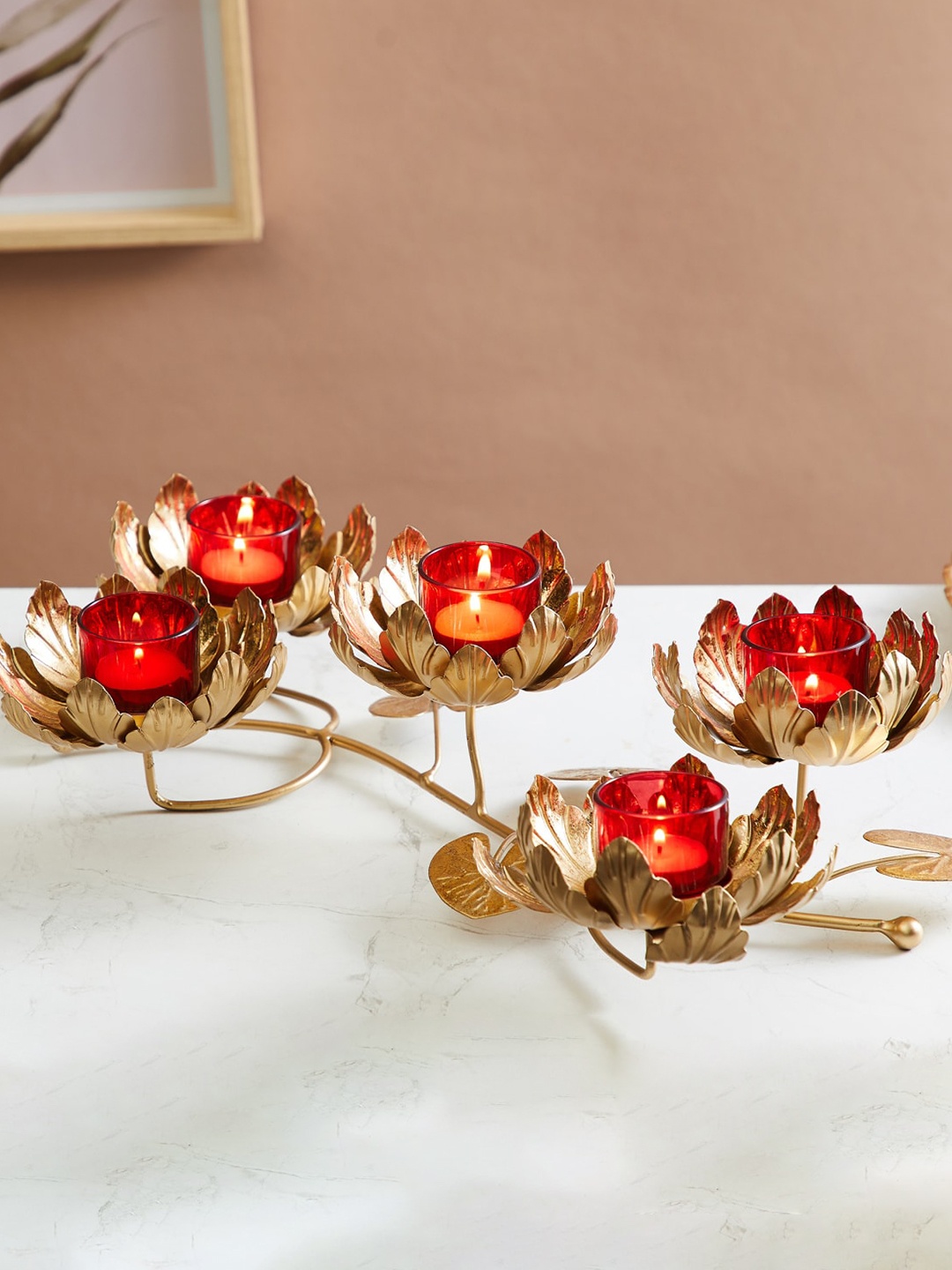 

Home Centre Corsica Gold-Toned & Red 4 Pieces Textured T-Light Holders