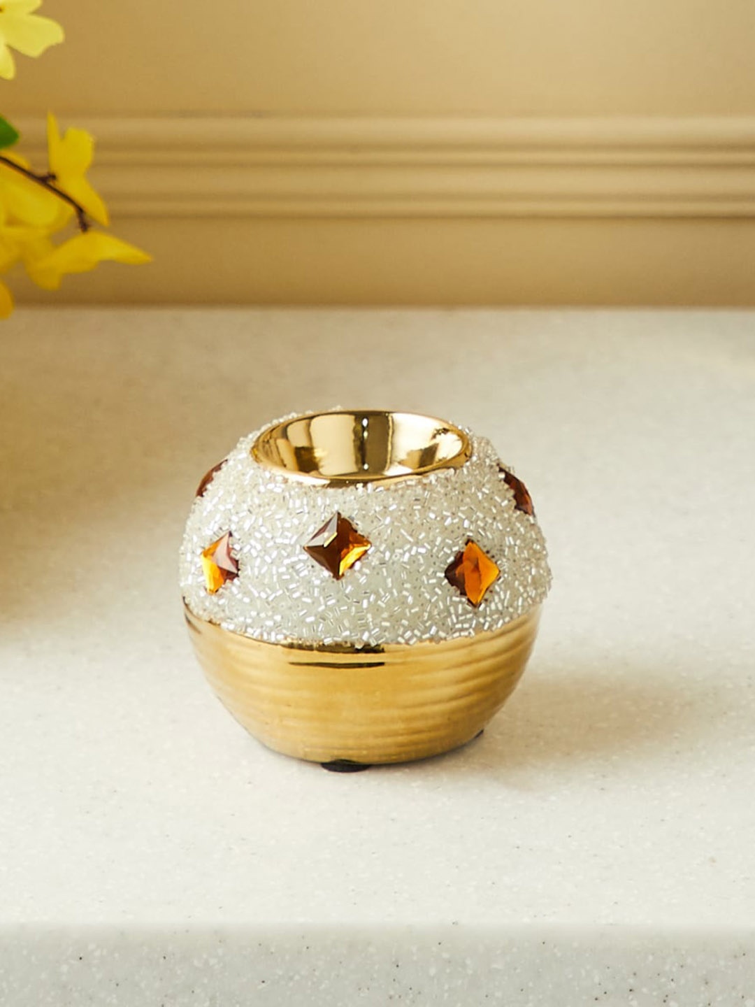 

Home Centre Gold Toned Ceramic Beaded T-Light Holder, White