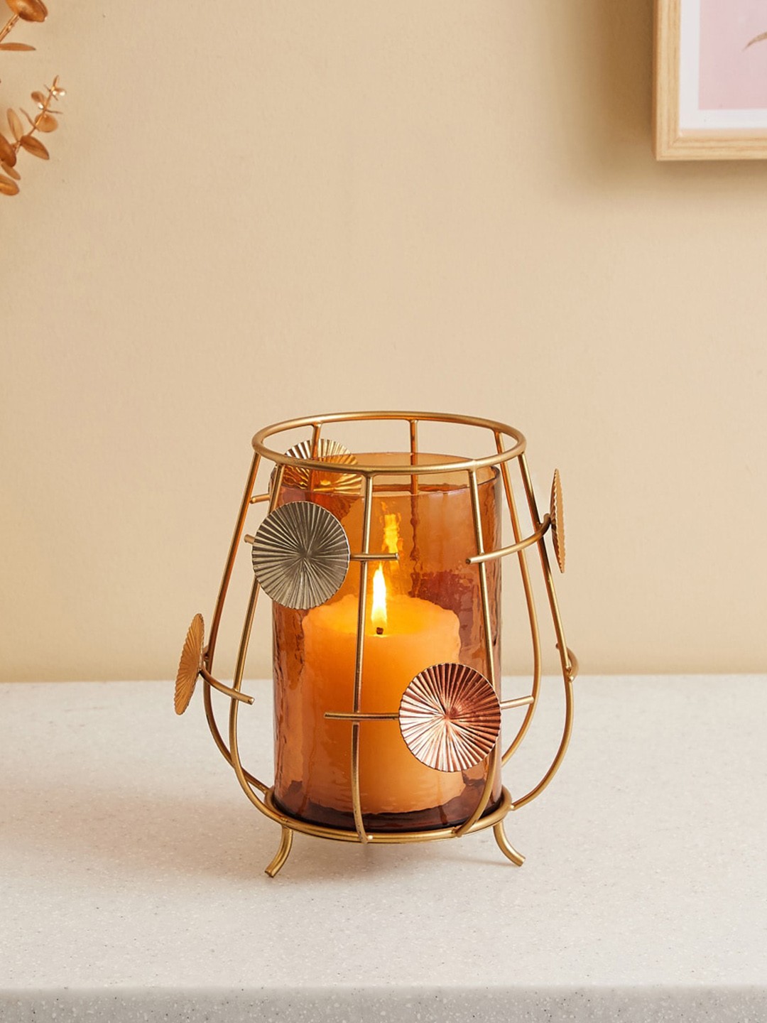 

Home Centre Metallic-Toned Glass Hurricane With Metal Stand, Gold