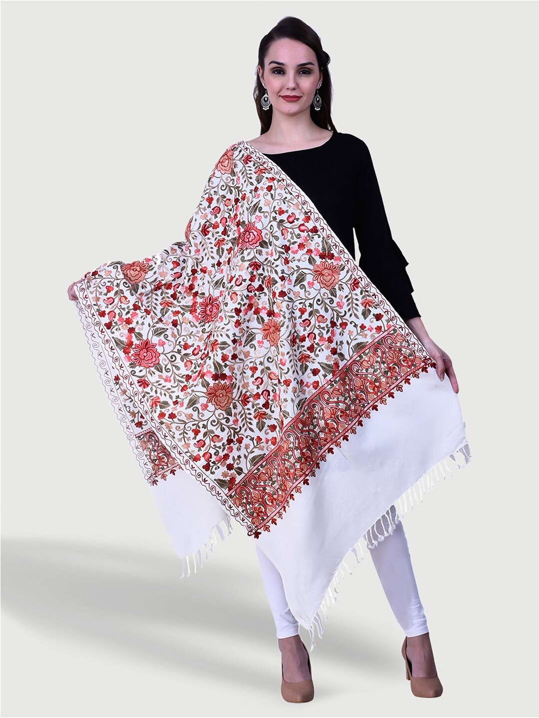 

SWI Stylish Women Floral Embroidered Aari Woollen Stole, White