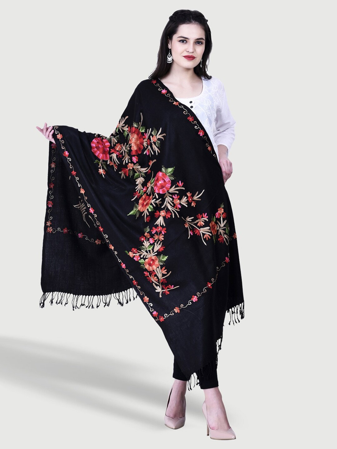 

SWI Stylish Women Floral Embroidered Woolen Stole, Black