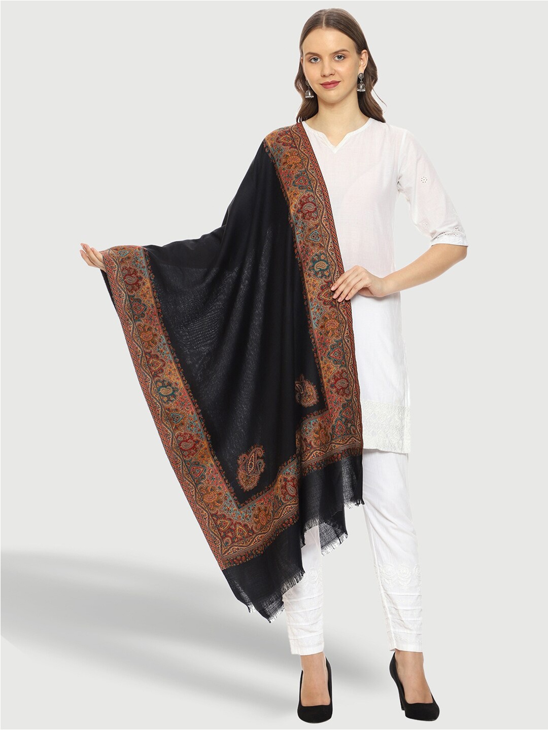 

SWI Stylish Women Paisley Embroidered Kaani Woollen Stole, Black