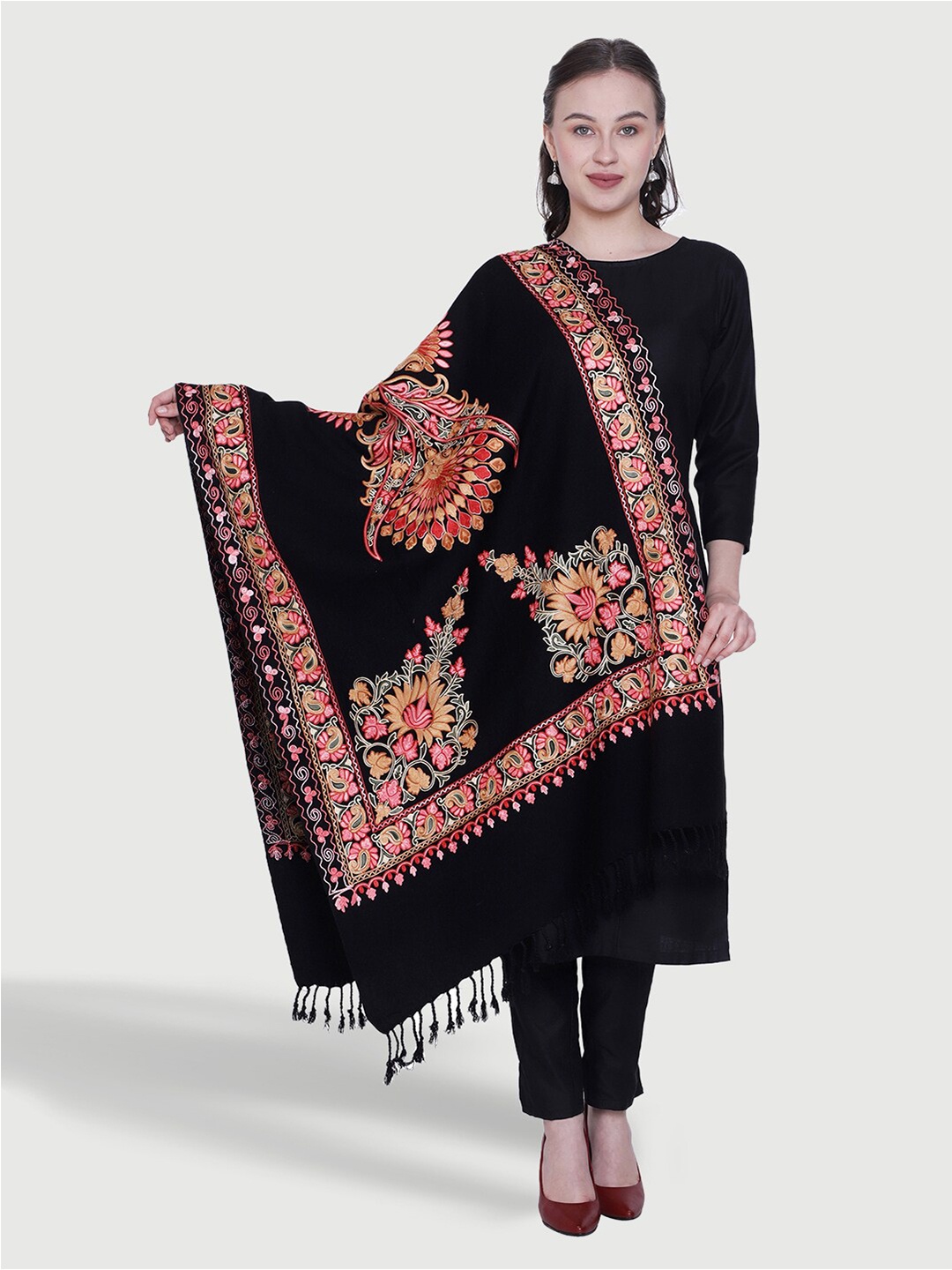 

SWI Stylish Women Floral Embroidered Aari Woollen Stole, Black