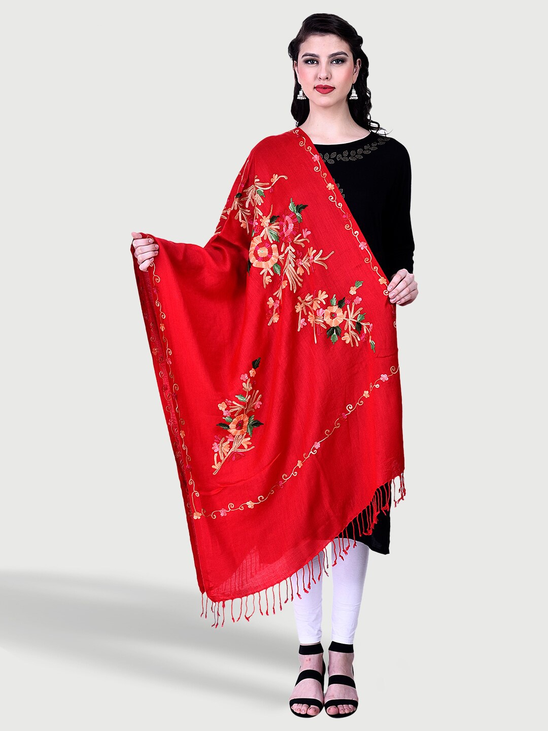 

SWI Stylish Women Floral Embroidered Aari Woollen Stole, Red