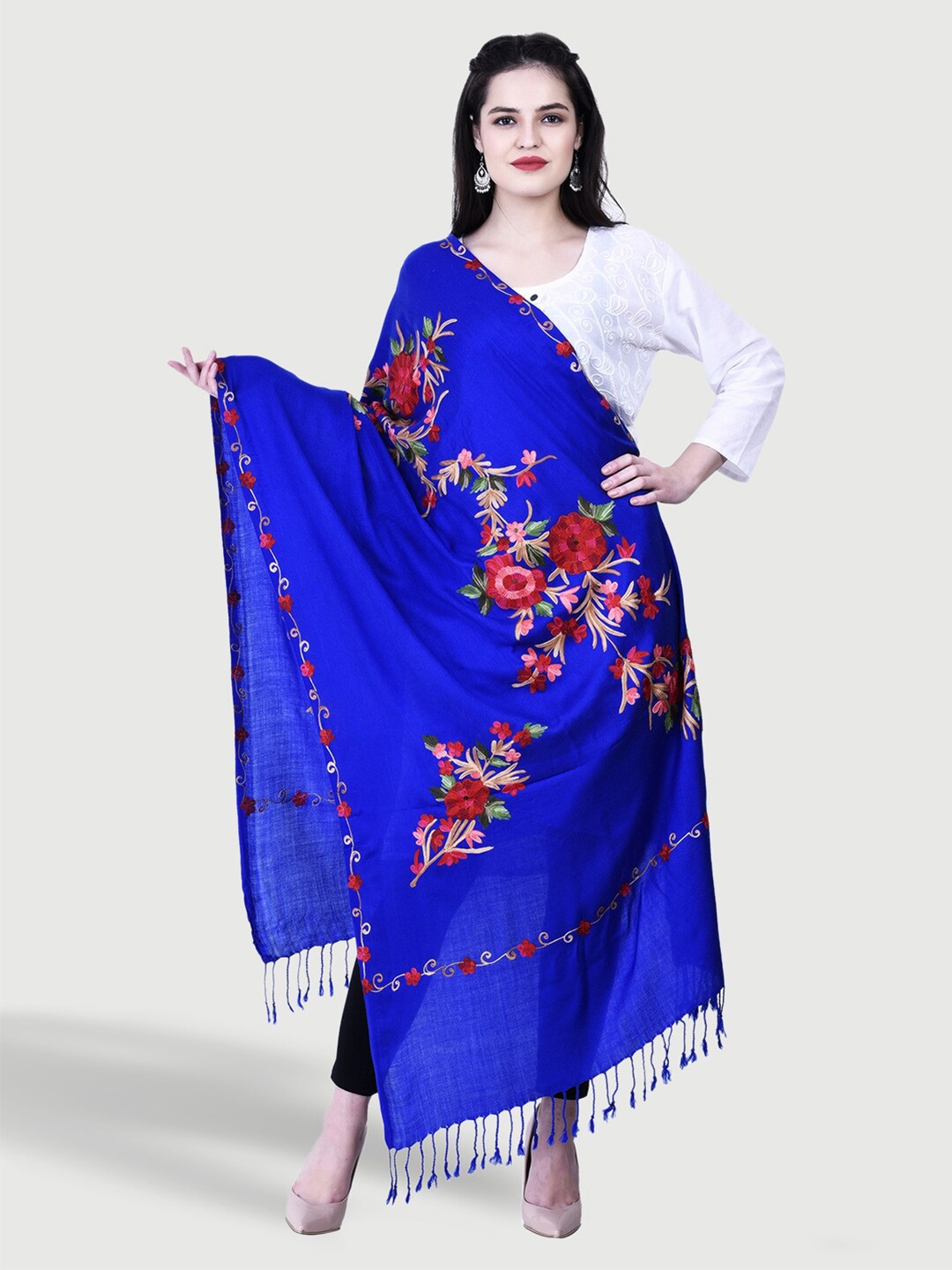 

SWI Stylish Women Floral Embroidered Aari Woollen Stole, Blue