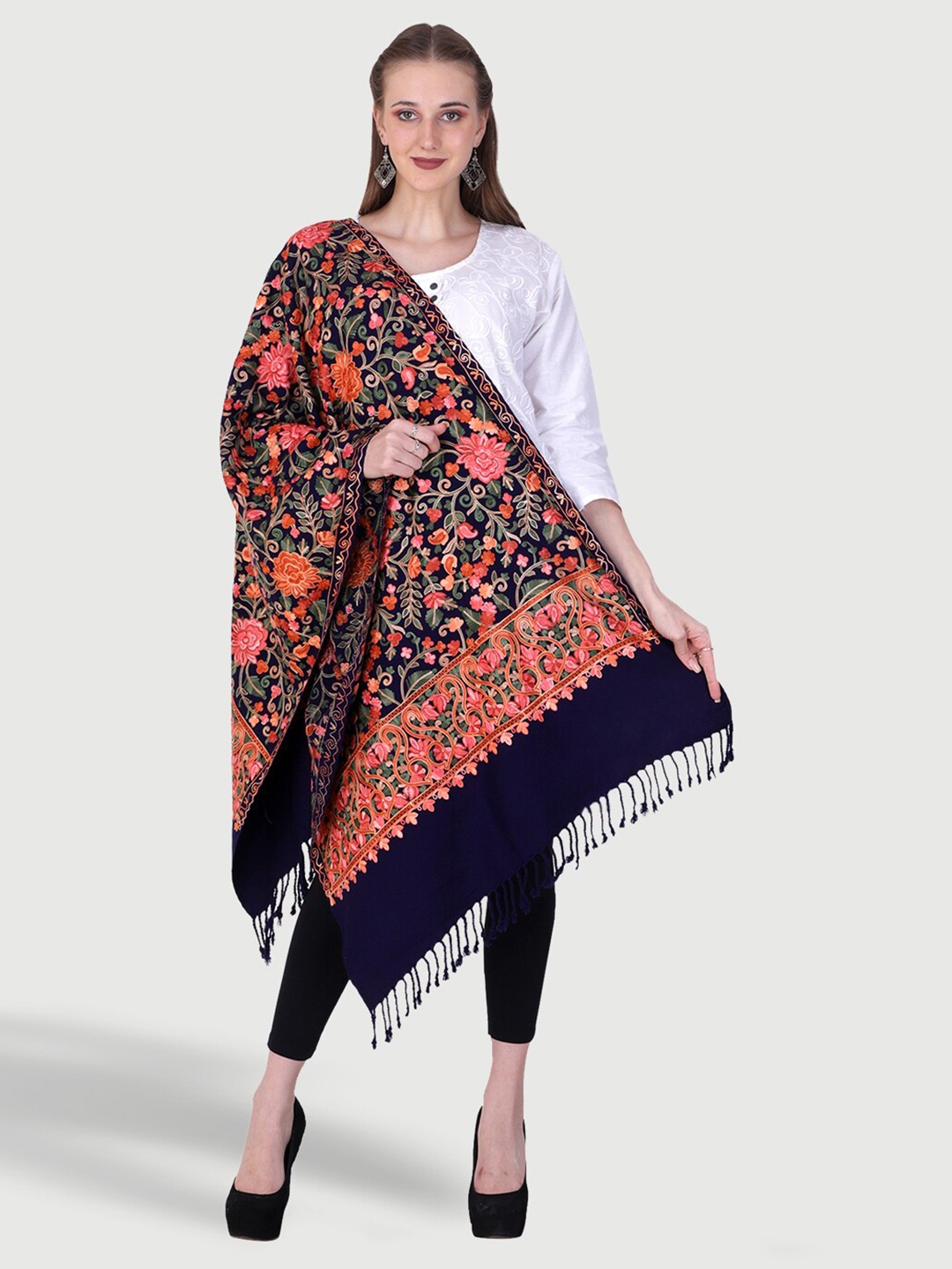 

SWI Stylish Floral Embroidered Wool Stole, Navy blue