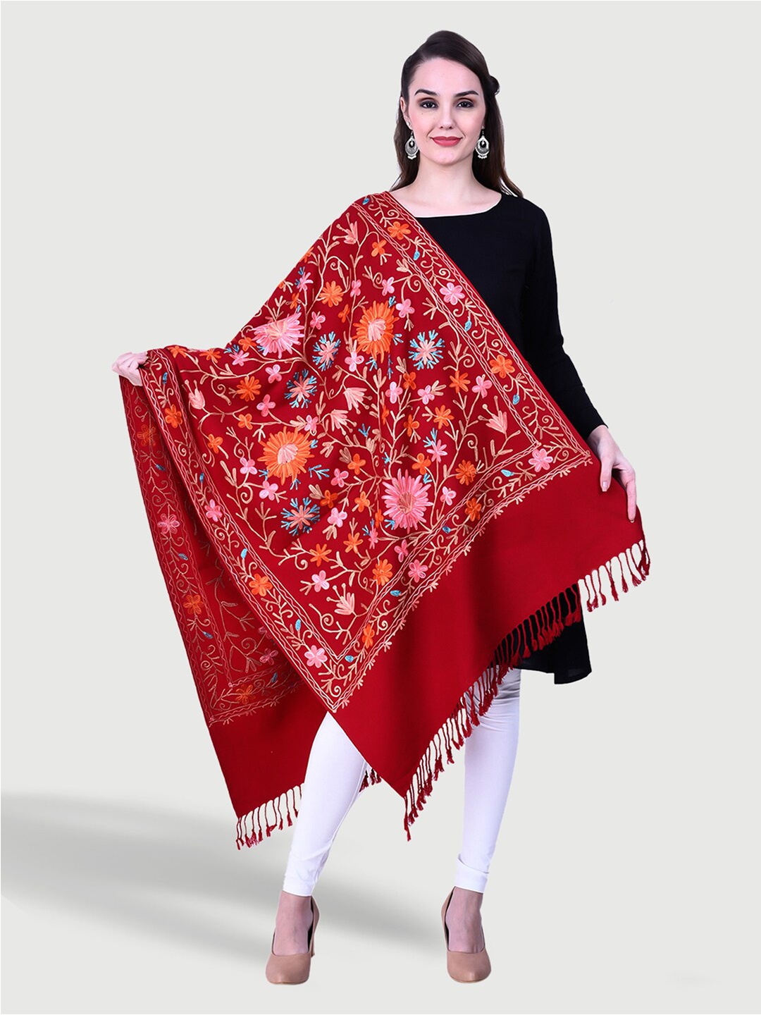 

SWI Stylish Floral Embroidered Aari Work Shawl, Maroon