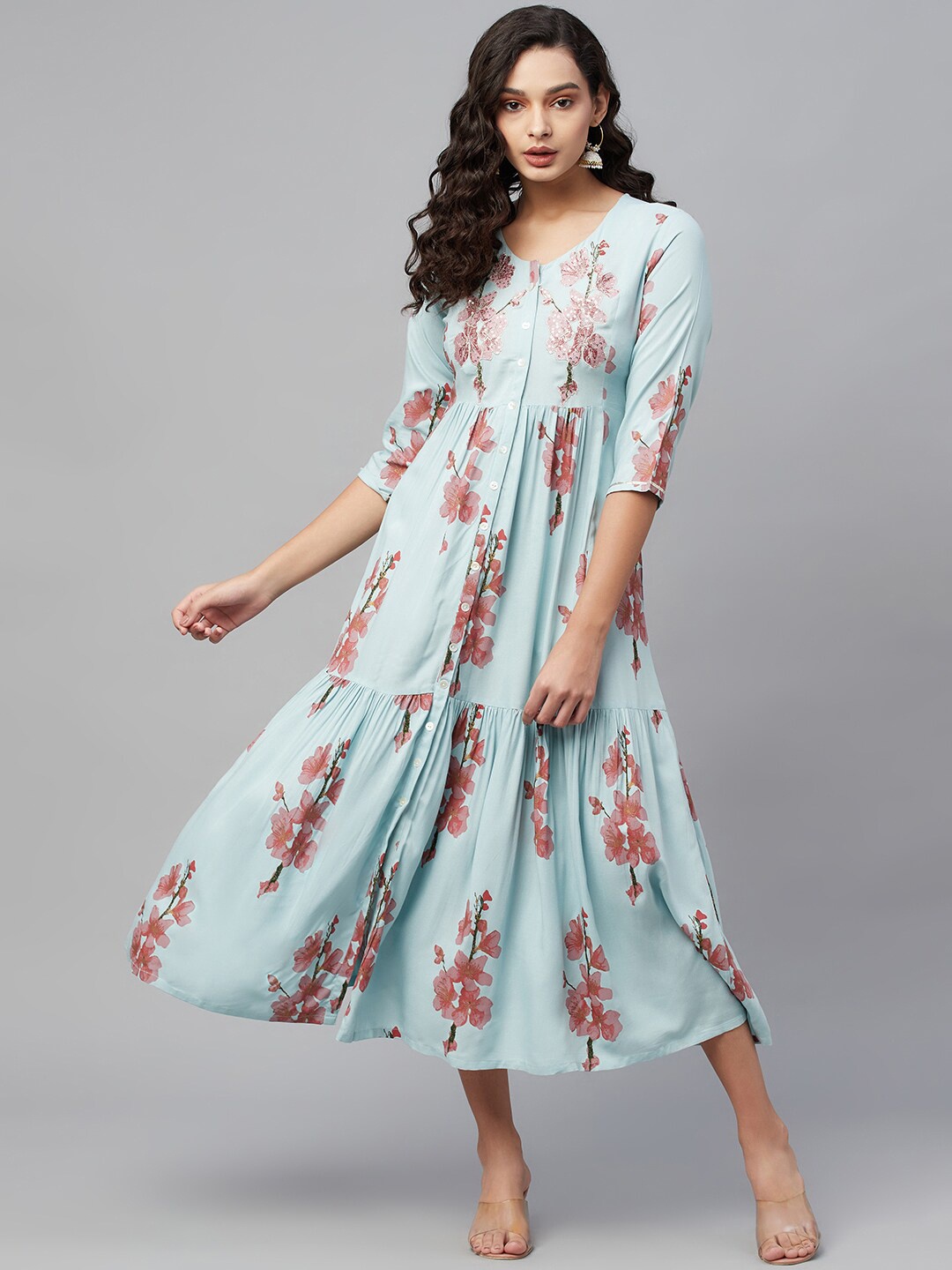 

AMIRAS INDIAN ETHNIC WEAR Floral Print A-Line Midi Dress, Blue
