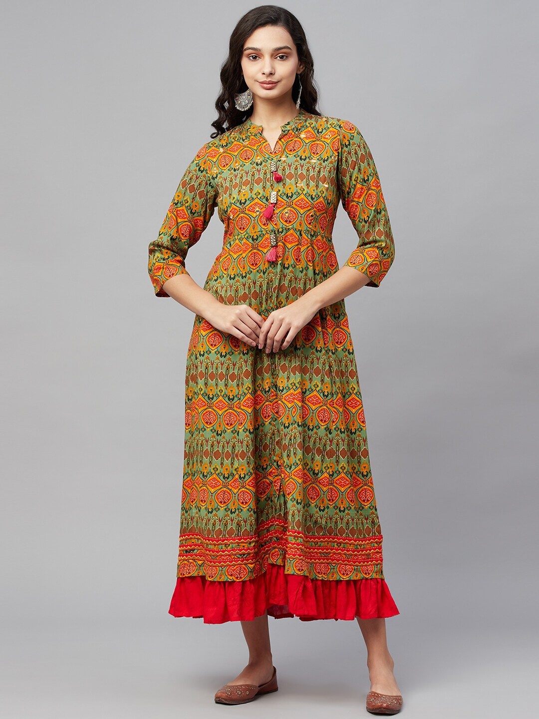 

AMIRAS INDIAN ETHNIC WEAR Ethnic Motifs Print Maxi Dress, Green