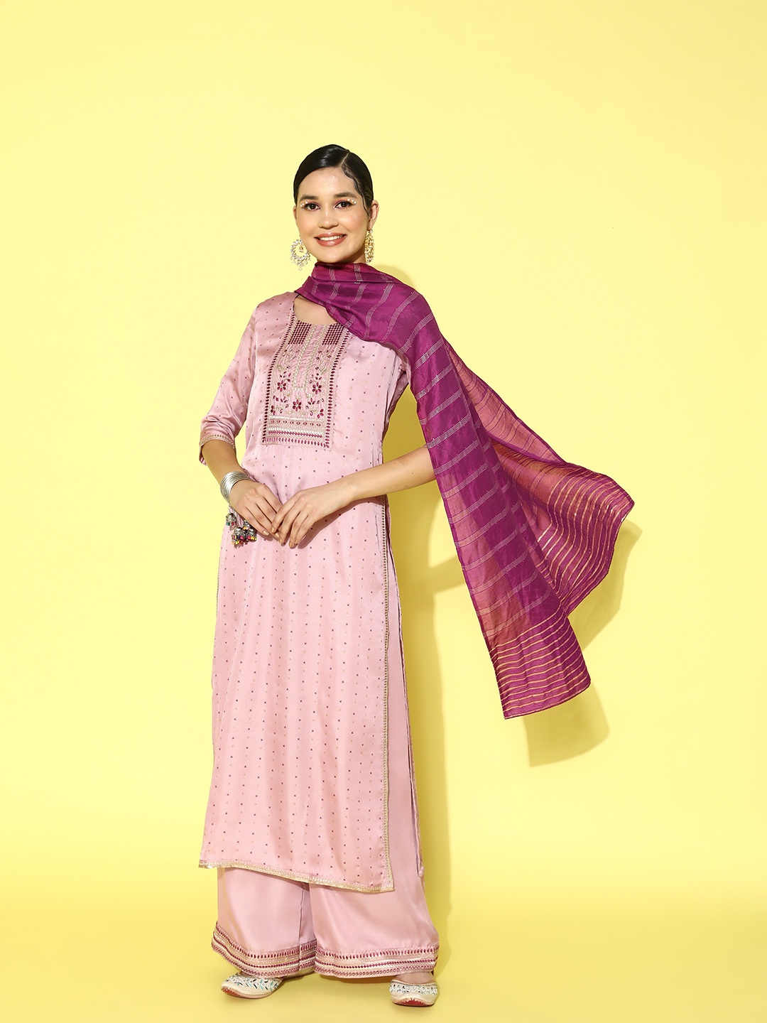 

SheWill Floral Embroidered Regular Sequinned Kurta with Palazzos & Dupatta, Pink