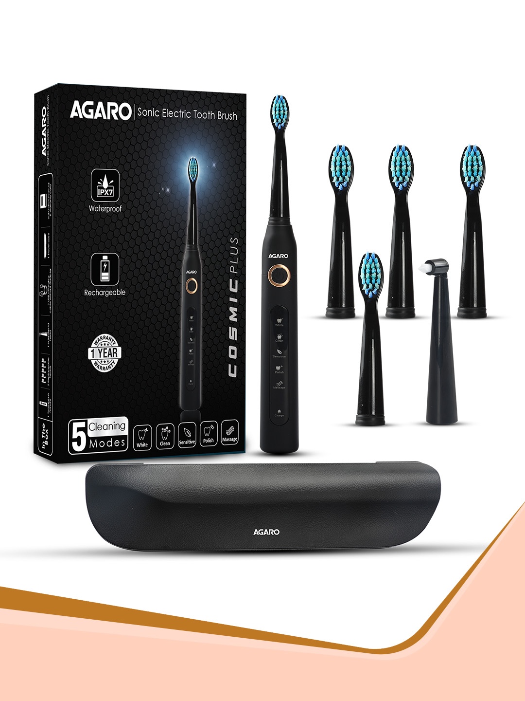 

Agaro Cosmic Plus Sonic Rechargeable IPX7 Waterproof Electric Tooth Brush - Black